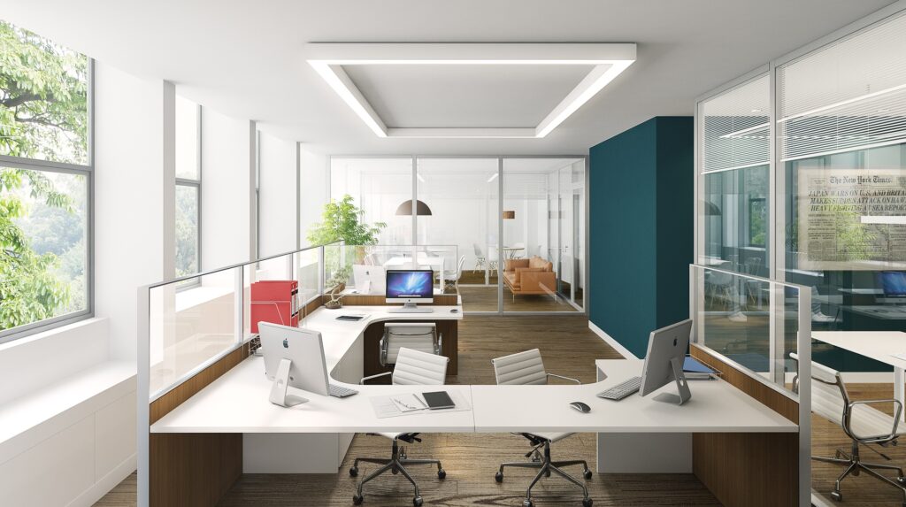 office building with desks and computers